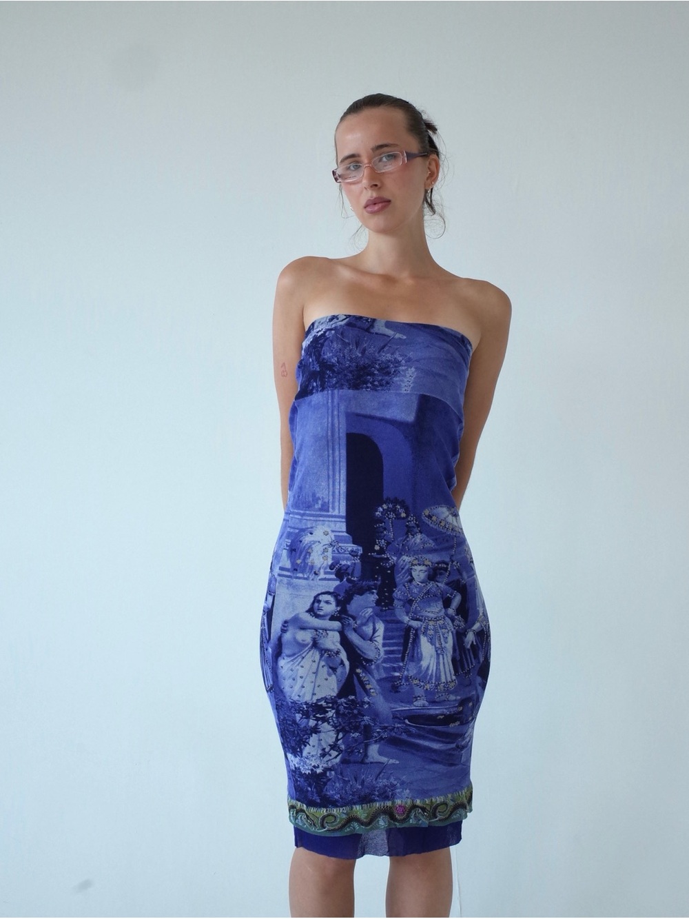 SS1998 Jean Paul Gaultier Frida Khalo Strapless Printed Mesh Dress in Blue